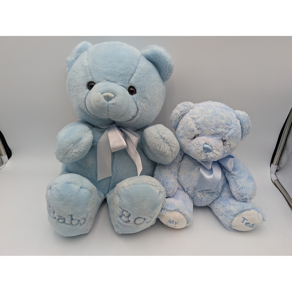 Aurora Baby Plush Teddy Bear Lot of 2 Blue Baby Boy My 1st Teddy Ribbons